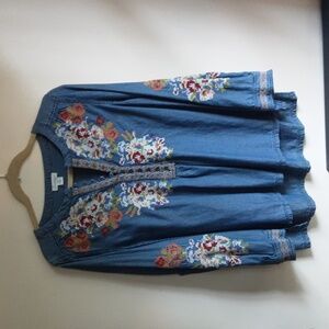 Embroidered Blue Floral Denim Top